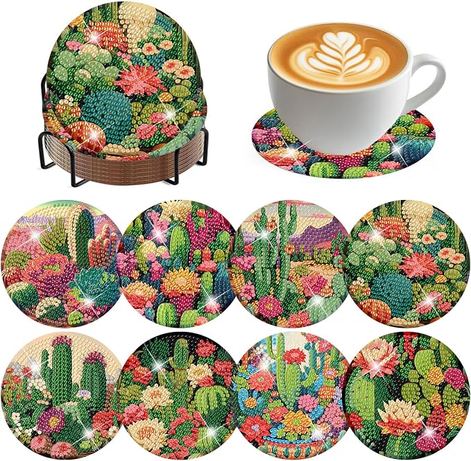ijbnhd 8 Pcs Cactus Diamond Art Coasters Kit Diamond Painting Coasters | Cactus