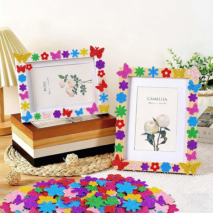 Foam Stickers, 7 Sheets 3D Glitter Foam Flower and Butterfly Shapes Stickers