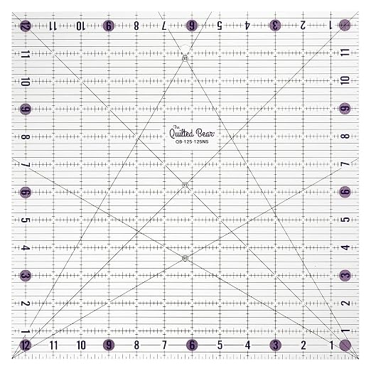 The Quilted Bear Square Quilting Ruler, Transparent Acrylic, 12.5" x 12.5" |