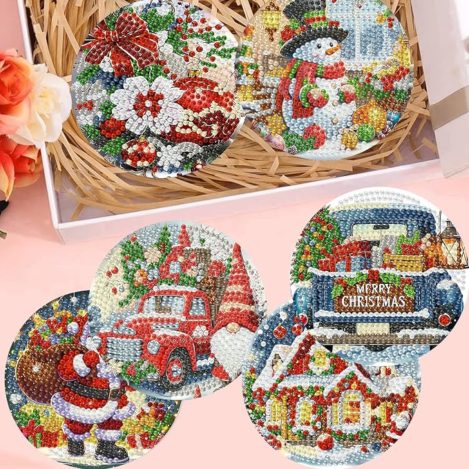 8 Pack Christmas Diamond Art Coasters, Diamond Painting Coasters Kits |