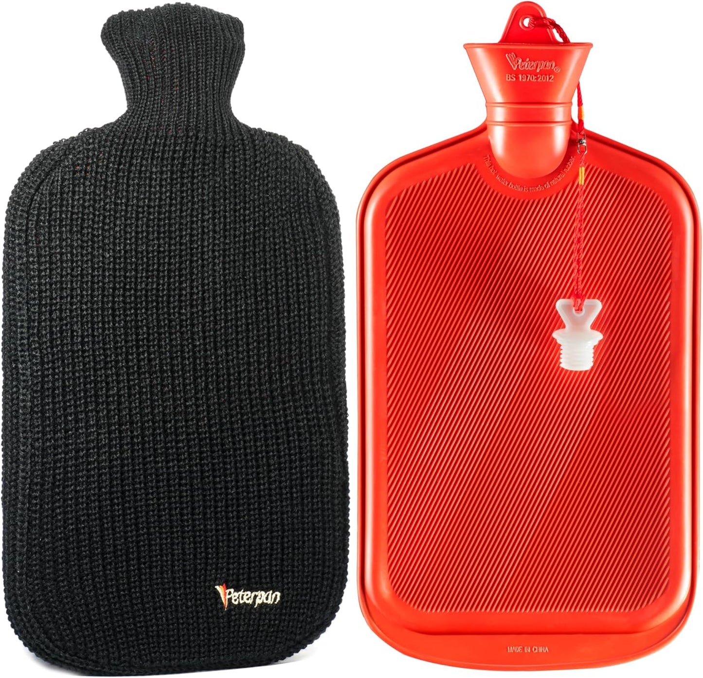 Peterpan The Original Knit Cover Wool Blend Hot Water Bottle, 100 Fl Oz (3 Liters) Capacity, BPA & Phthalates Free, Hot Water Bottle for Bed, Hot Water Bottles for Pain Relief, Black