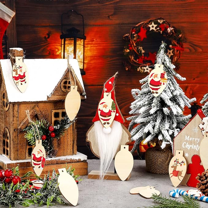 Queekay 50 Pcs Christmas Unfinished Wooden Light Bulb Wooden Slices Blank