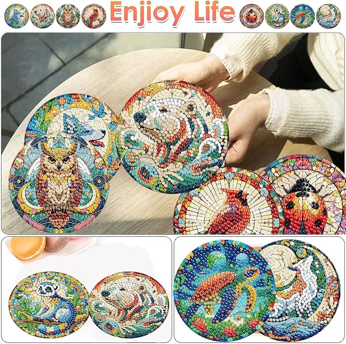 ijbnhd 8 PCS Animals Diamond Art Coasters Kit | Animals Diamond Painting