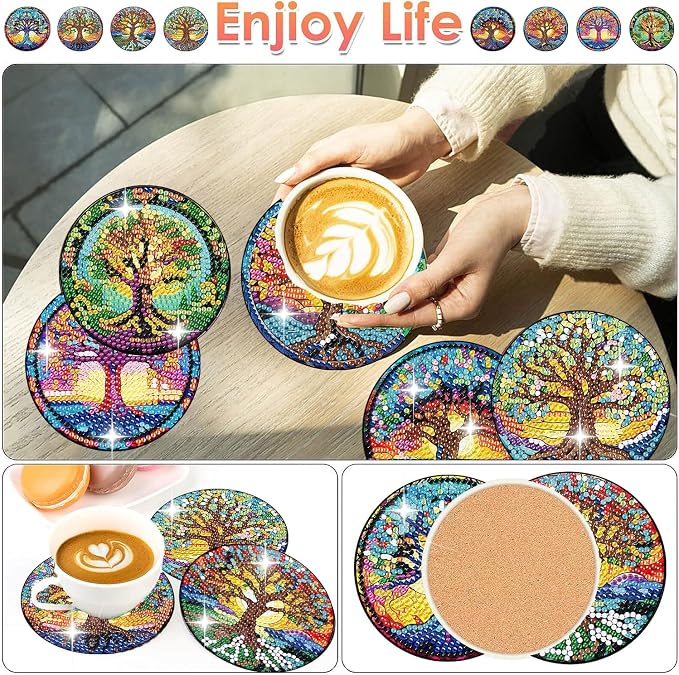 ijbnhd 8 PCS Tree of Life Diamond Art Coasters | Diamond Painting Coasters Kits
