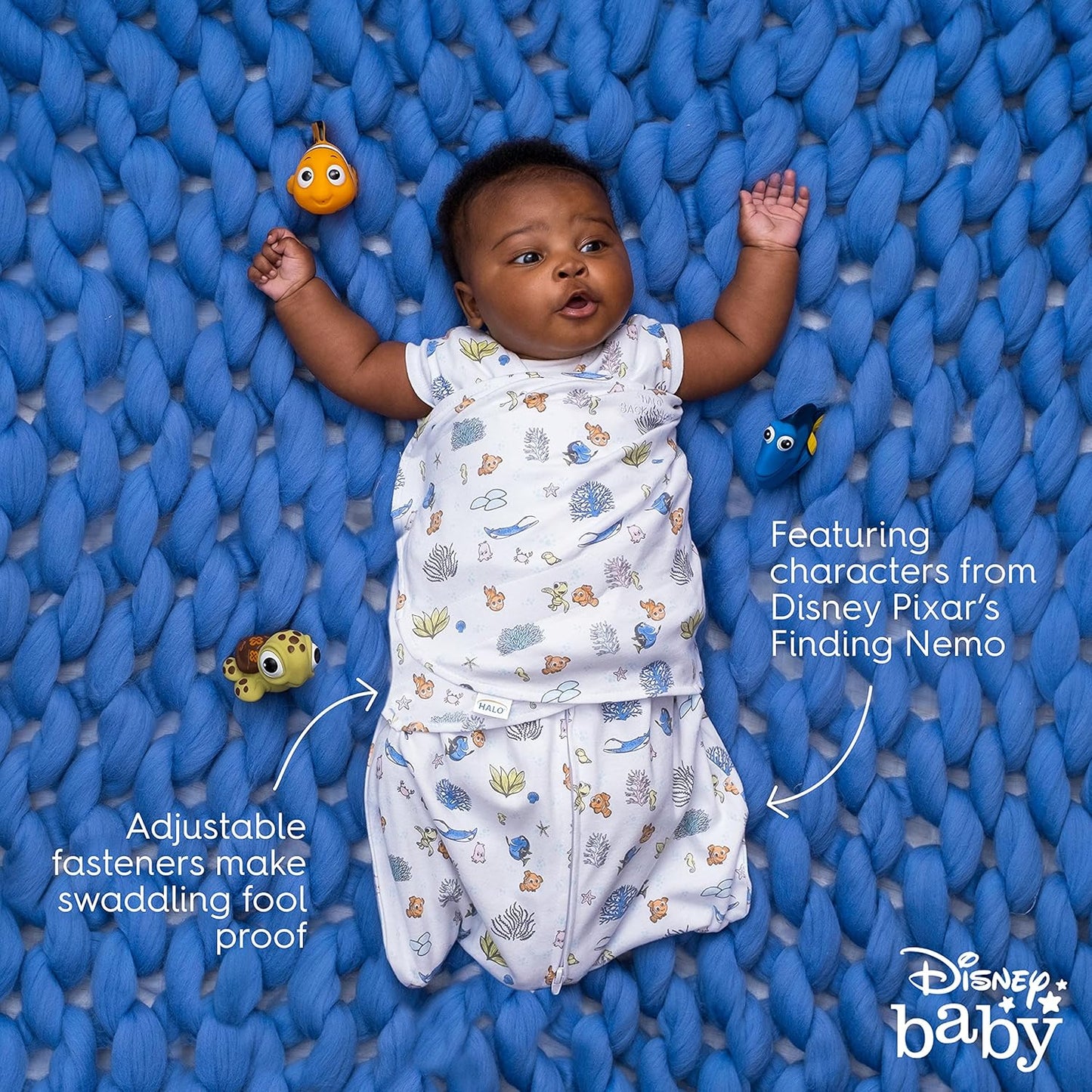HALO Disney Baby Finding Nemo 100% Cotton Sleepsack Swaddle, 3-Way Adjustable Wearable Blanket, TOG 1.5, Nemo Great Barrier Reef, Newborn, 0-3 Months