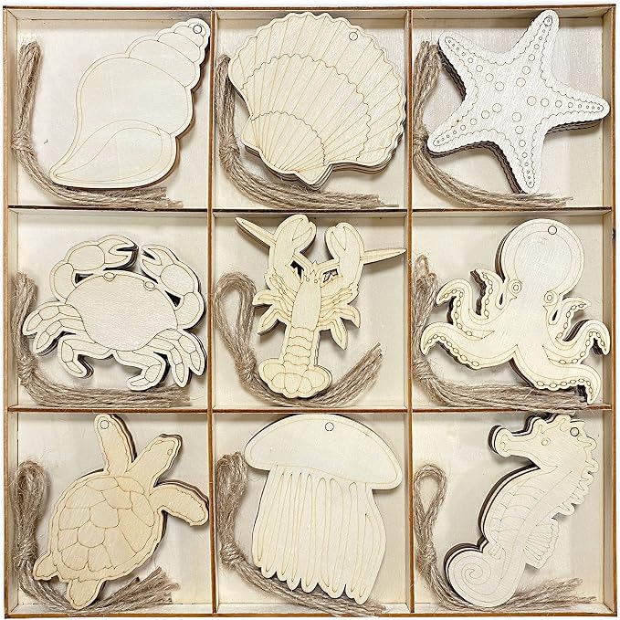 45 Pack Unfinished Wooden Ocean Sea Animals Cutouts