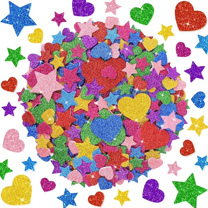 1000PCS Glitter Foam Stickers, Colorful Heart & Star Stickers, Self-Adhesive