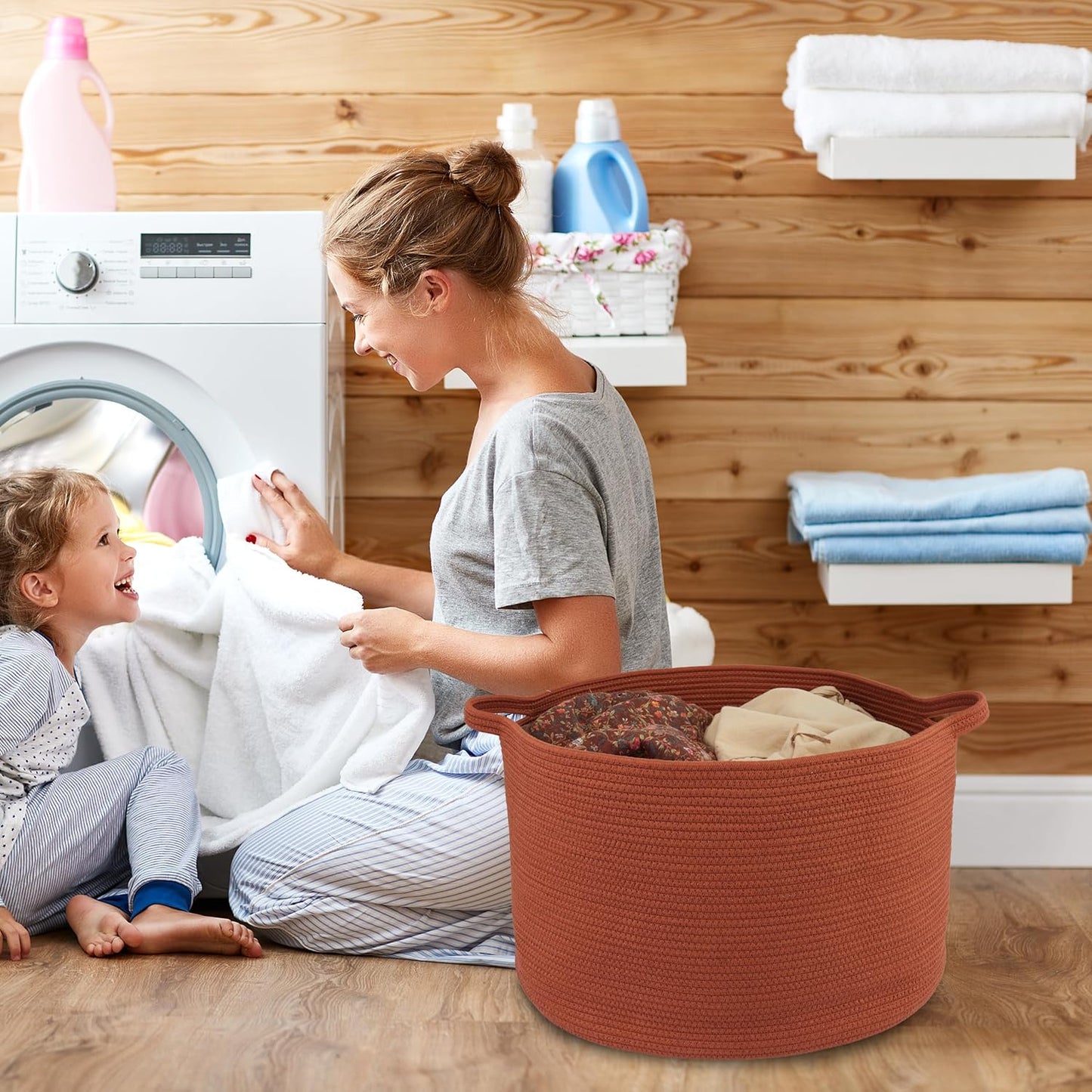 Large Cotton Rope Basket Blankets Basket Living Room 22"x14" Toy Baskets for Kids and Dogs Rope Storage Baskets for Nursery Woven Laundry Baskets for Clothes Towels Baby Toy round rustic
