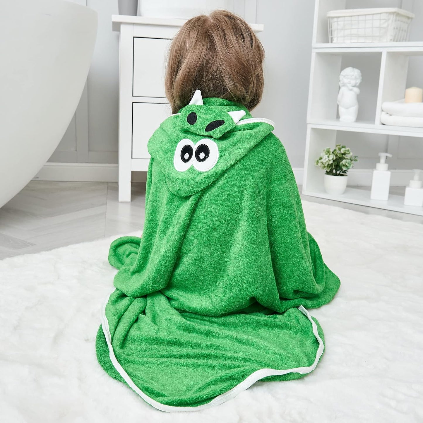 HIPHOP PANDA Hooded Towel - Rayon Made from Bamboo, Bath Towel with Bear Ears for Newborn, Babie, Toddler, Infant - Absorbent Large Baby Towel - Dinosaur, 30 x 30 Inch