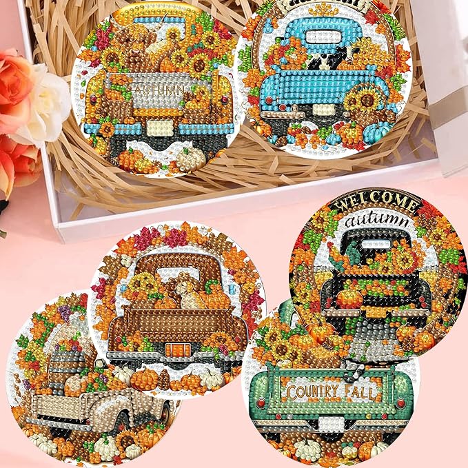 8 Pack Diamond Art Coasters, Autumn Truck Diamond Painting Coasters Kits | Fall