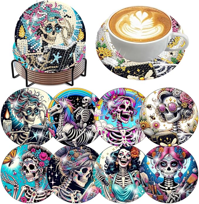 ijbnhd 8 PCS Skull Diamond Art Coasters Kit Diamond Painting Coasters | Skull