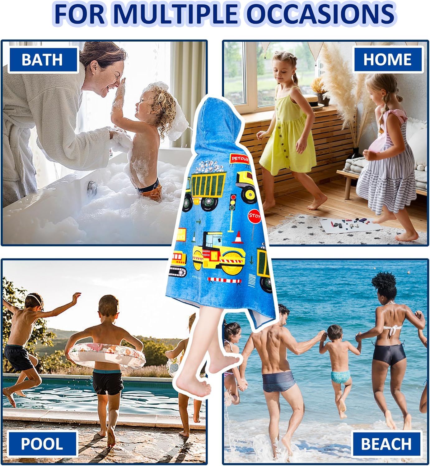 Kids Hooded Bath Towel-Soft Thick 100% Cotton Hooded Beach Towel for Kids 3-10 Years,Absorbent Fast-Drying Cute Toddler Bath & Swim Towel,for Boys & Girls,30"x50"(Construction Blue)