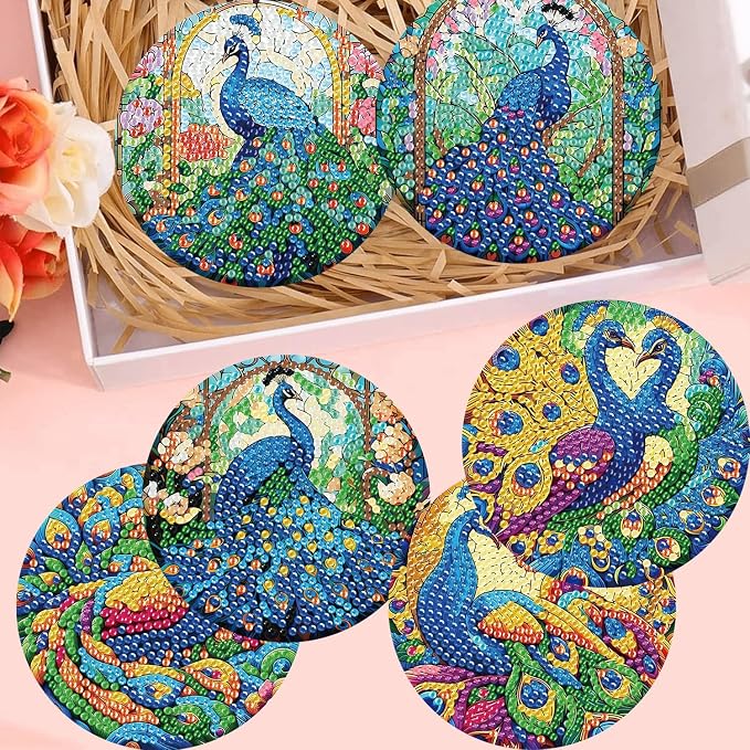 8 Pack Diamond Art Coasters, Peacock animals Diamond Painting Coasters Kits |