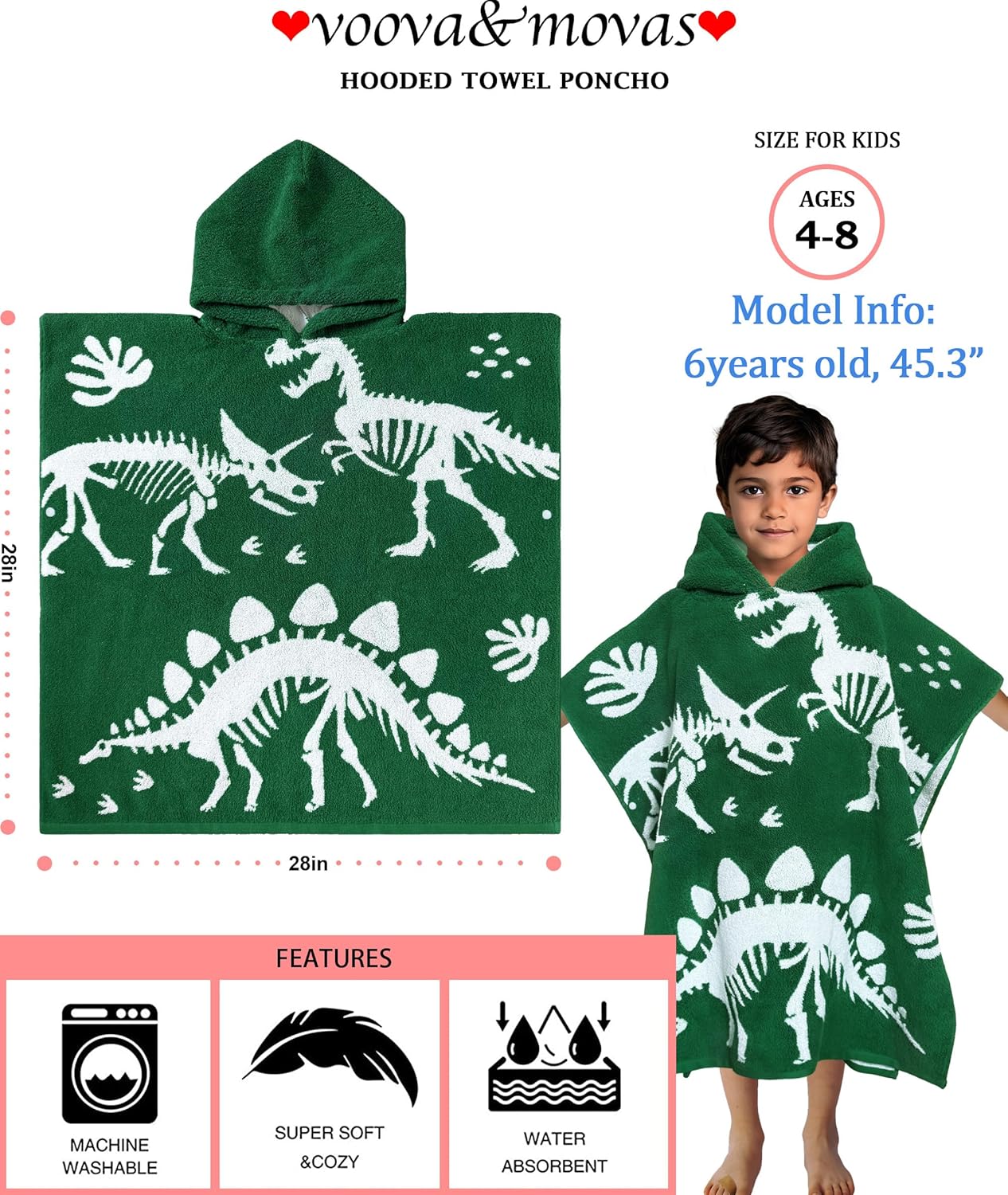 VOOVA & MOVAS Dinosaur Hooded Poncho Towels for Kids (4-8Years,28"x28"),Soft Cotton Thick Absorbent Towel Robe for Toddler Boys,Perfect for Bathroom | Pool | Swimming, Jacquard Green Dino
