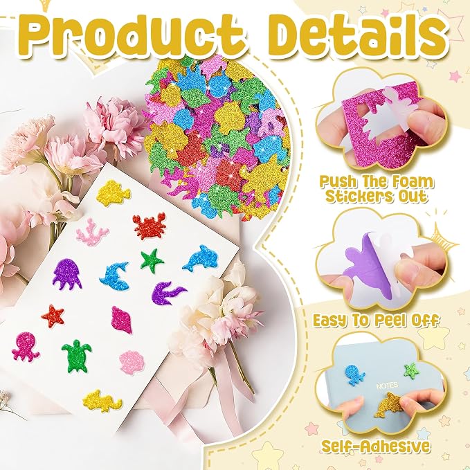 Foam Stickers, 7 Sheets 3D Glitter Foam Ocean Stickers, Self-Adhesive EVA Foam
