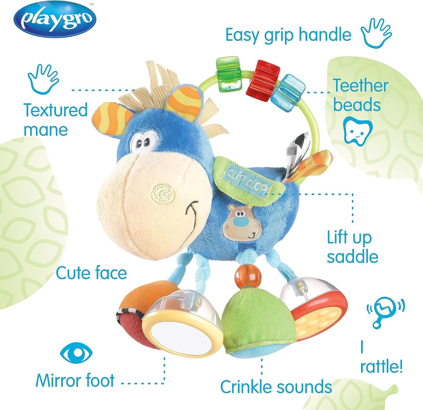 Playgro Soft Baby Toys 3-6-12 Months Developmental, 3+ Months Rattles Teething Toys for Babies, Newborn & Infant Sensory Non-Toxic Plush Baby Rattle Clip Clop Activity Gift (Blue Clip Clop)