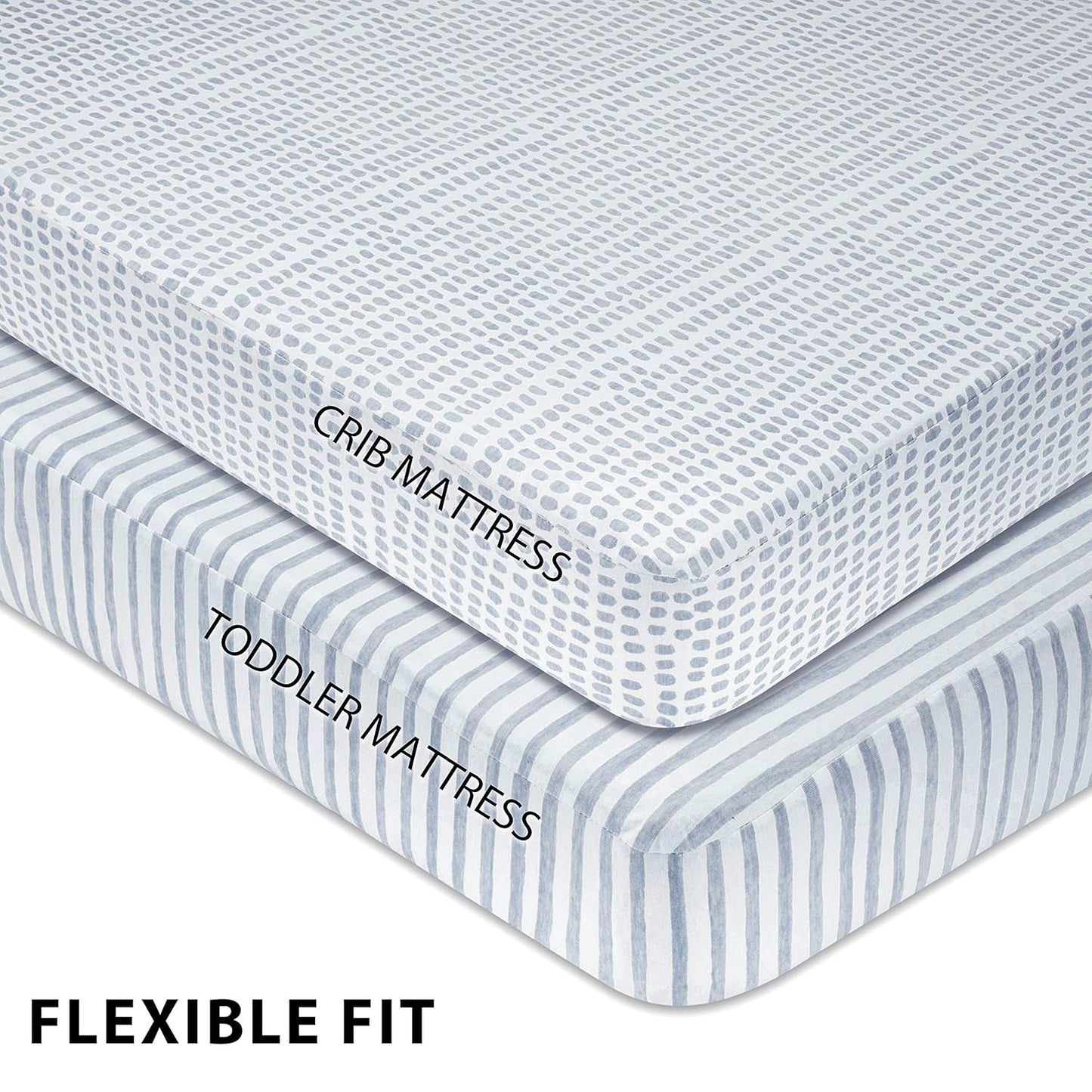 Ely’s & Co. Waterproof Crib Sheet/Toddler Bed Sheets – All-in-One Mattress Protector and Fitted Sheet – Soft Jersey Cotton, Misty Blue Splash & Stripes, Baby Boy Nursery Bedding Essential – 2-Pack