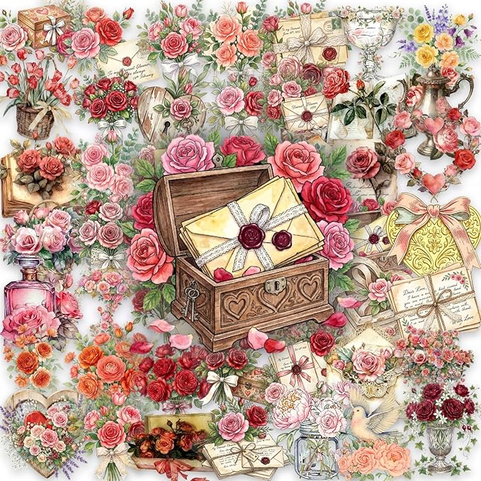 50PCS Vintage Rose Flower Stickers, Retro Love Letter Floral Decals, Waterproof