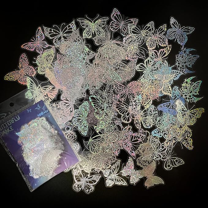 Yoksas 100Pcs Holographic Glitter Butterfly Stickers