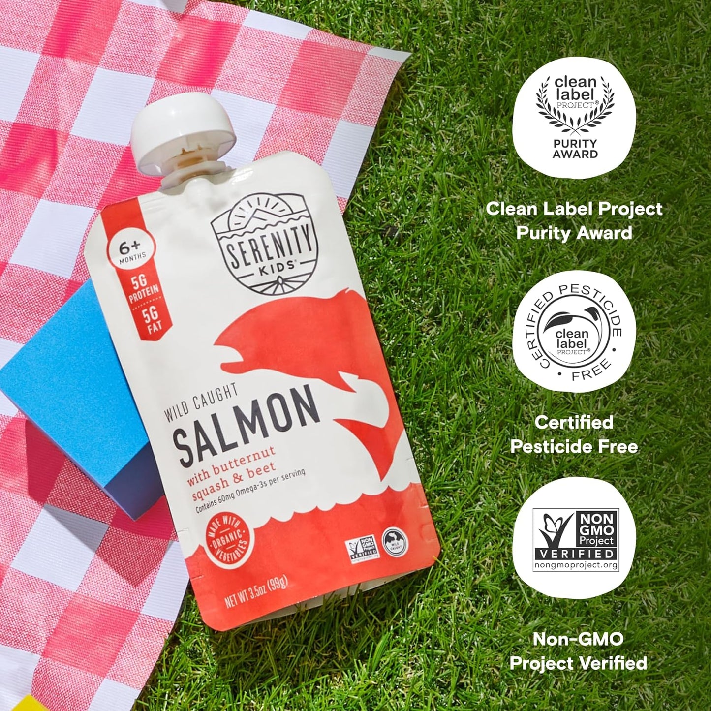 Serenity Kids 6+ Months Baby Food Pouches Puree Made With Ethically Sourced Meats & Organic Veggies | 3.5 Ounce BPA-Free Pouch | Wild Caught Salmon, Butternut Squash, Beet | 1 Count