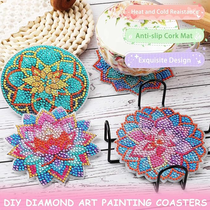 UPINS 8Pcs Lotus Diamond Art Painting Coasters Kits