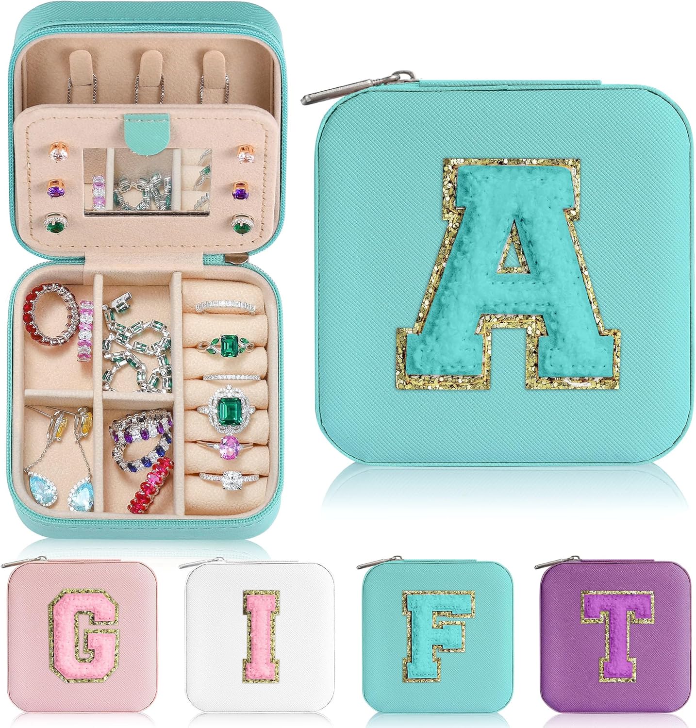 Parima Christmas Gifts for Women - 2025 Trendy Fashion Aqua Blue Travel Jewelry Box for Girls Women Teen Girl Christmas Gifts, Travel Jewelry Organizer Jewelry Case - Letter A, Aqua Blue