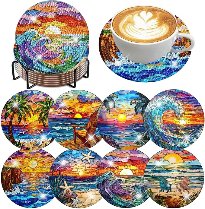 8 PCS Diamond Art Coasters Kits Sunset Beach Diamond Painting Coaster | Diamond