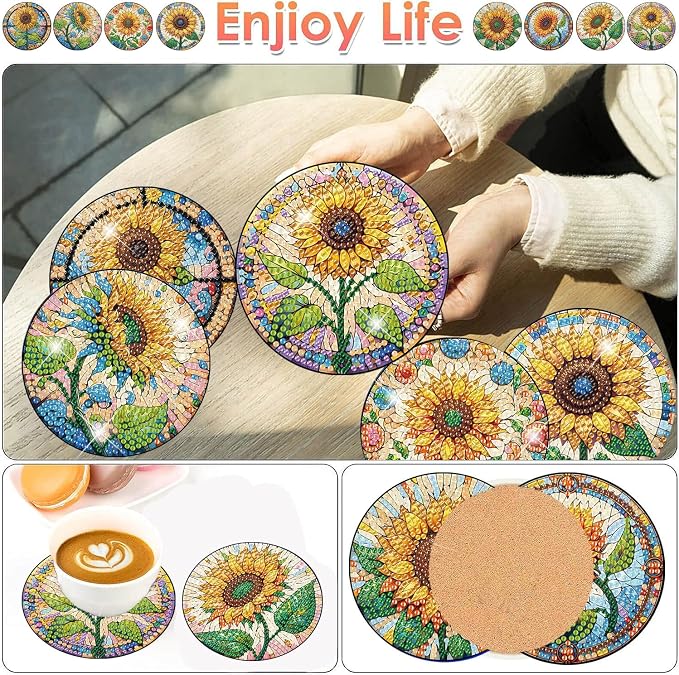 ijbnhd 8 PCS Sunflower Diamond Painting Coasters | Sunflower Diamond Art