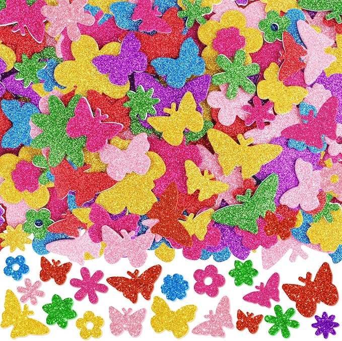 448 Pcs Glitter Foam Stickers, Butterfly & Flower Shapes Stickers, 7 Sheets