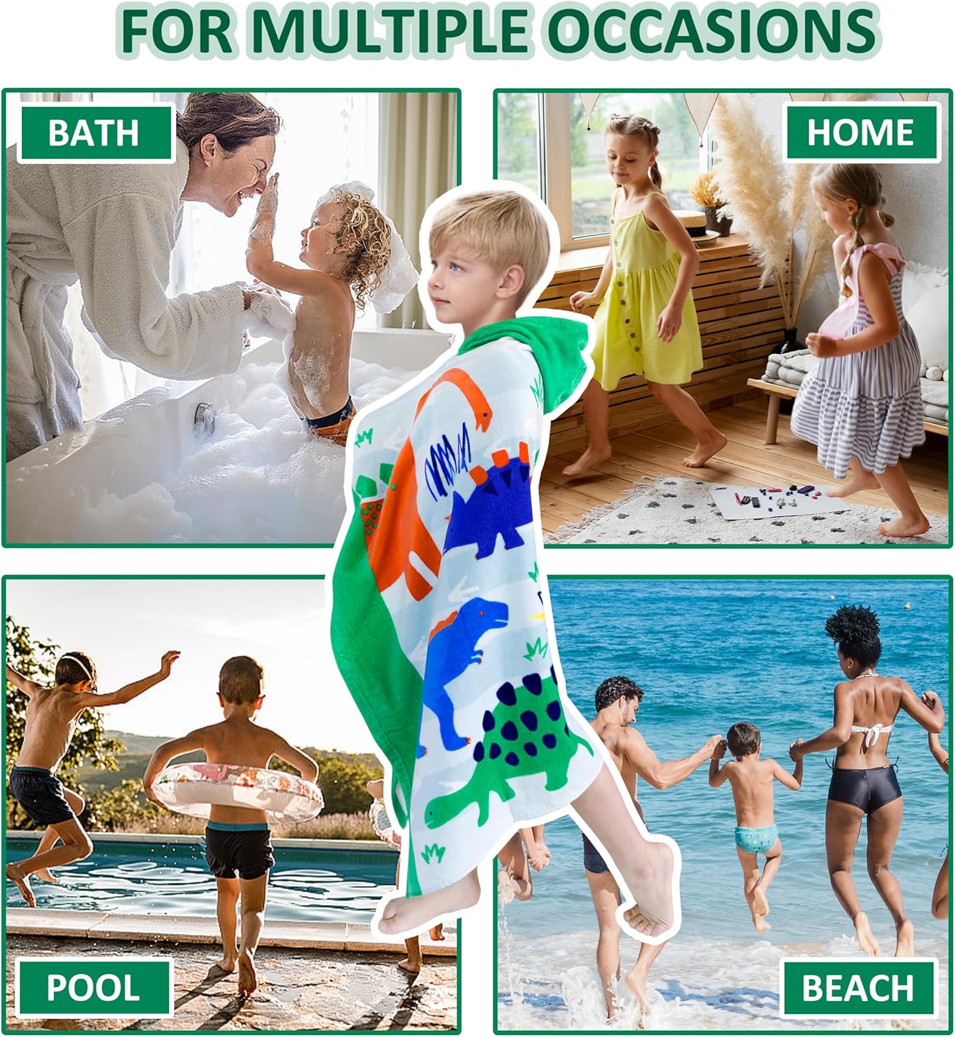 Kids Hooded Bath Towel-Soft Thick 100% Cotton Hooded Beach Towel for Kids 3-10 Years,Absorbent Fast-Drying Cute Toddler Bath & Swim Towel,for Boys & Girls 30"x50"(Dino Green)