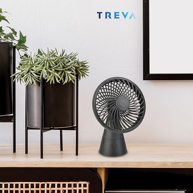 Treva 5 Inch Rechargeable Oscillating Fan with USB Charging Port, 3 Speed Circular Cooling Design, Portable Fan with 60 Degrees of Range for Home or Travel
