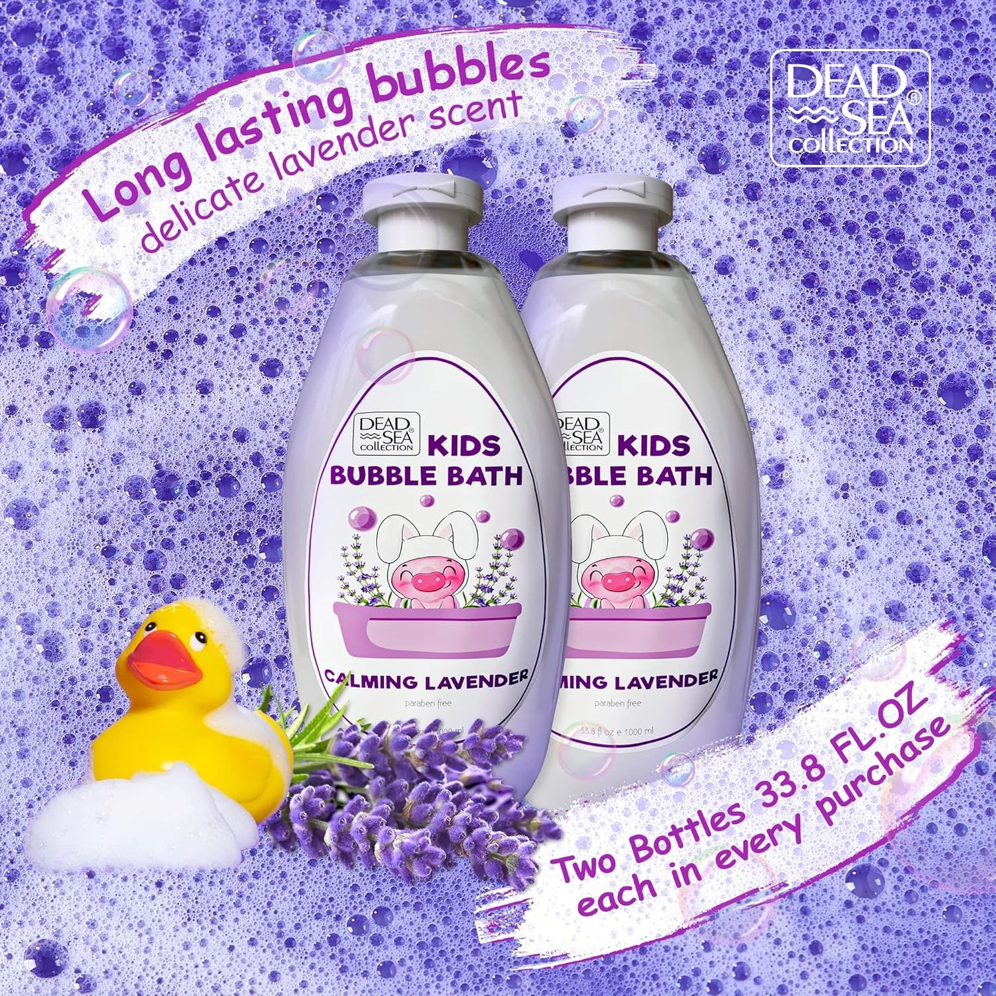 Dead Sea Collection Bubble Bath Kids with Lavender - Cleansing and Moisturizing Liquid Bath Bubbles - Lavender Oil and Pure Dead Sea Minerals - Pack of 2 Large Bottles (67.6 fl.oz)