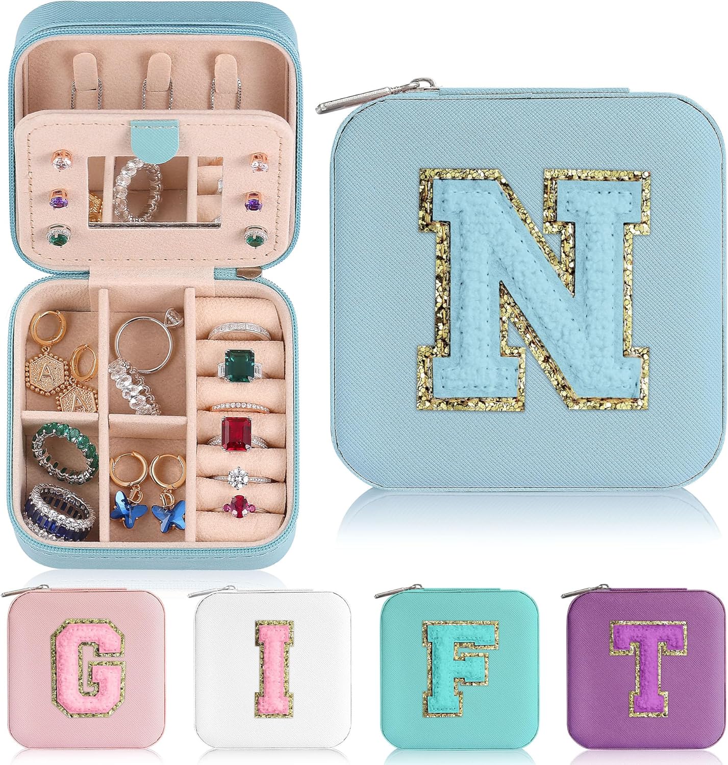 Parima Back to School Jewelry Case, School Supplies for Teen Girls Jewelry Box | High School Travel Accessories for Girls | School Travel Essentials Small Jewelry Box - Letter N, Sky Blue