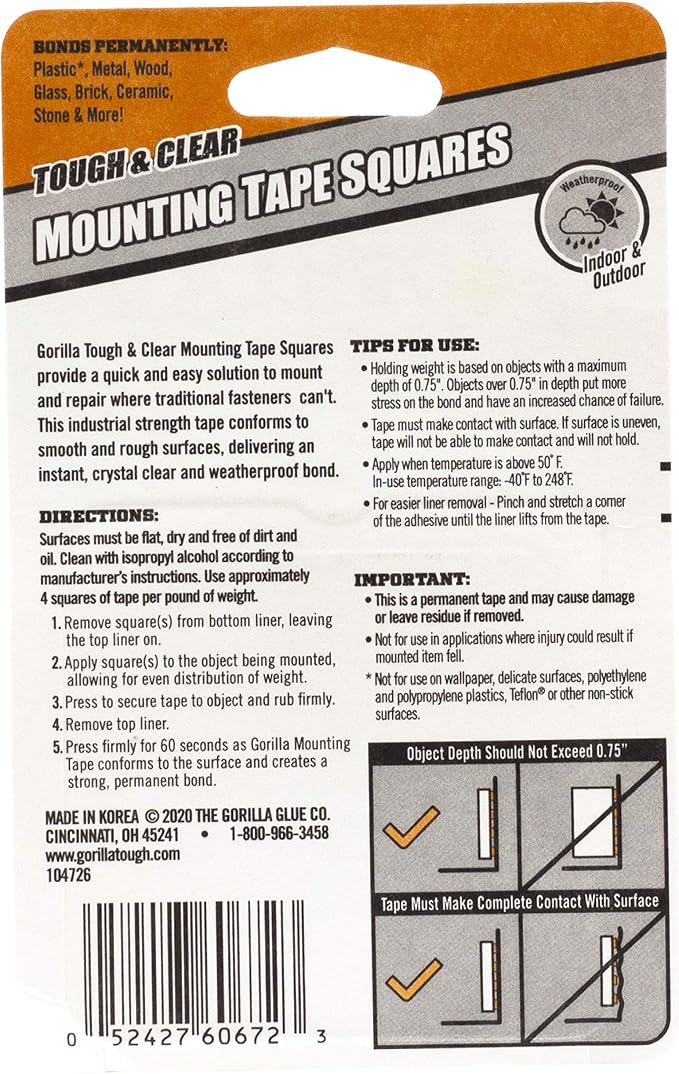 Gorilla Tough & Clear Double Sided Tape Squares, 24 1" Pre-Cut Mounting Squares