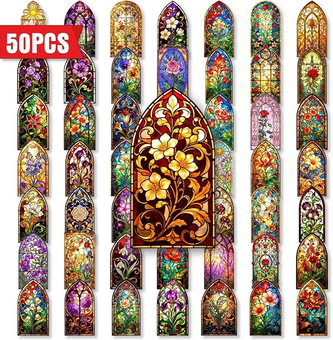 50PCS Transparent Stained Glass Stickers, Waterproof PET Cathedral Window Decals