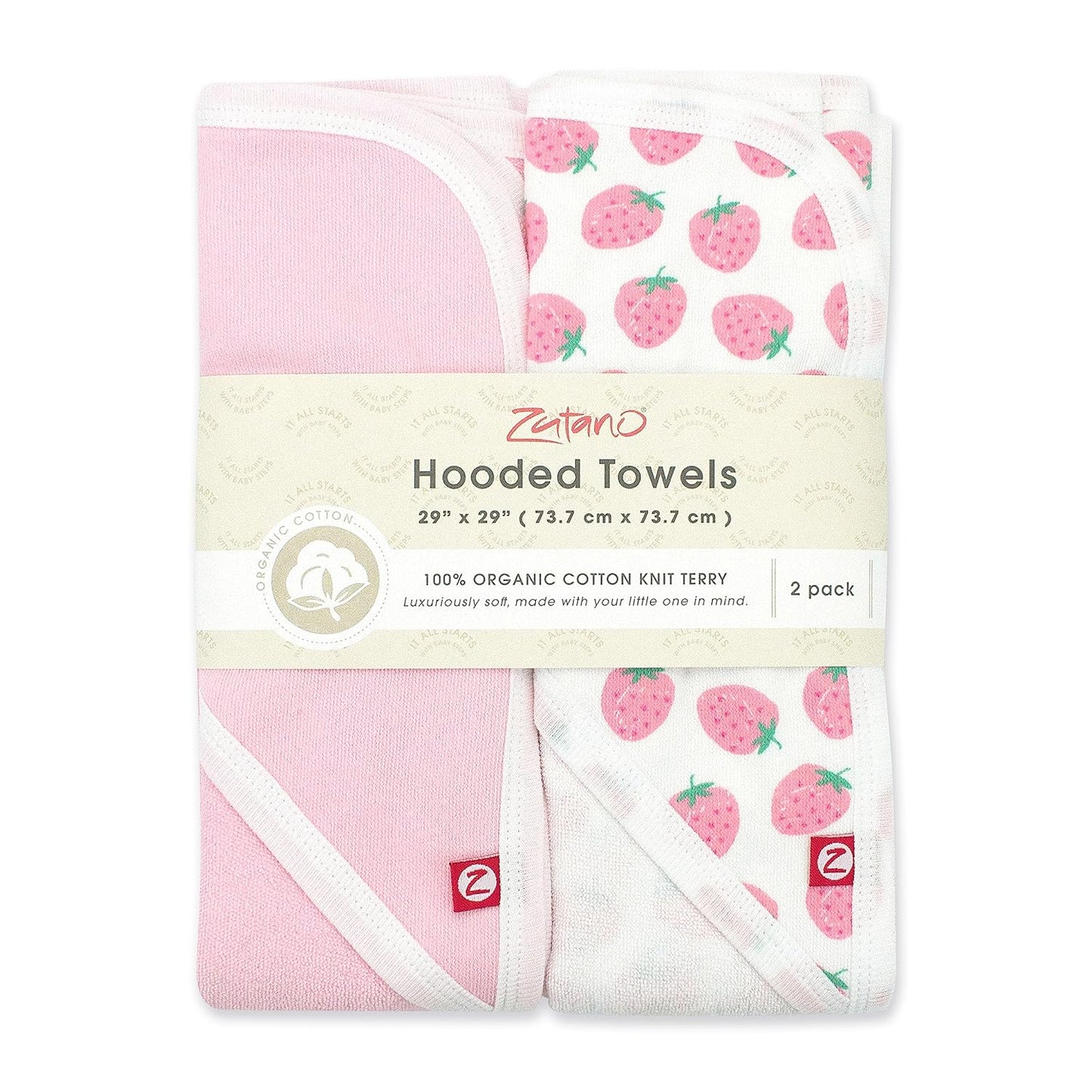 Zutano Hooded Baby Towels, Organic Cotton Baby Bath Towel, Ultra Soft and Absorbent Baby Towel for Newborn and Infant | Girl, Boy, and Unisex Towel Set, Strawberries, 2-Pack