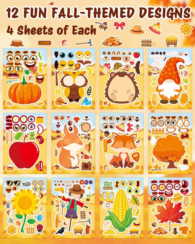 Aowplc 48 Sheets Fall Make a Face Stickers, 12 Designs Fun Fall Crafts