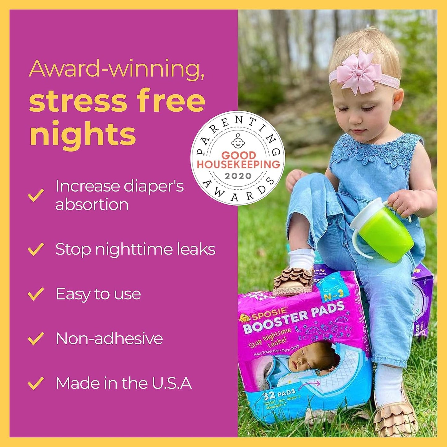 Sposie Booster Pads, Stop Overnight Diaper Leaks, Fits sizes Newborn 1 2 3, No Adhesive for Sensitive Skin, 32 ct