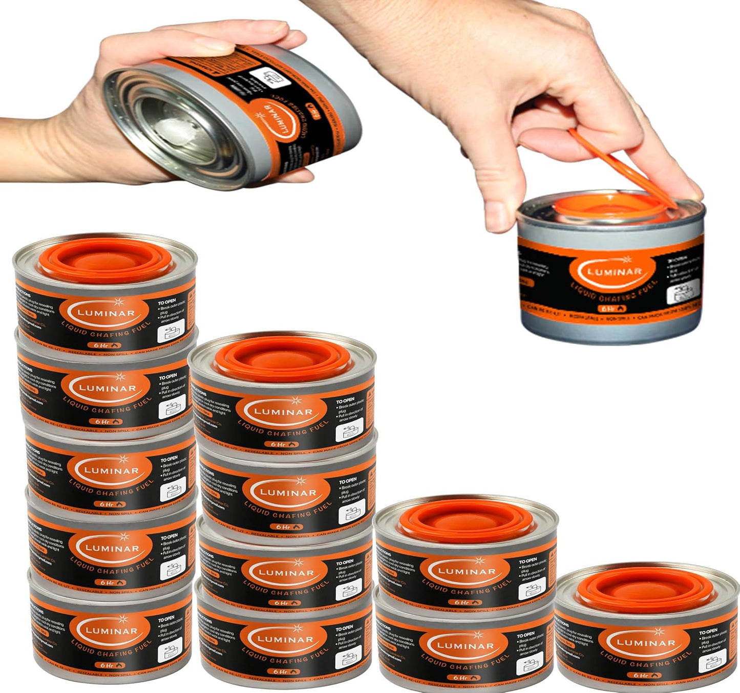 Luminar Resealable-Wick Chafing Fuel Cans, 12 Pack, 6 Hour - Premium Quality Burners for Food Warmers - No More Spills, Waste, or Hassle - Perfect for Convenient, and Long-Lasting Event Catering