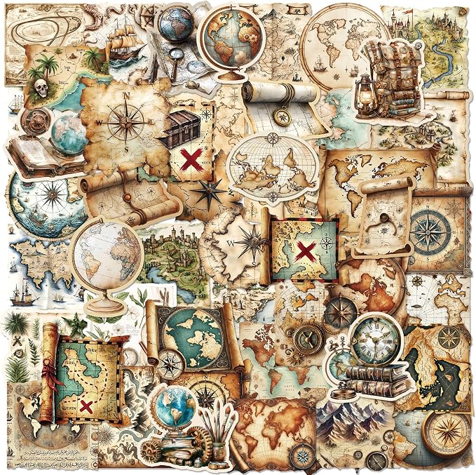 PRSTINCOL 100Pcs Vintage Sticker Pack, Cute Map Design Scrapbook Supplies