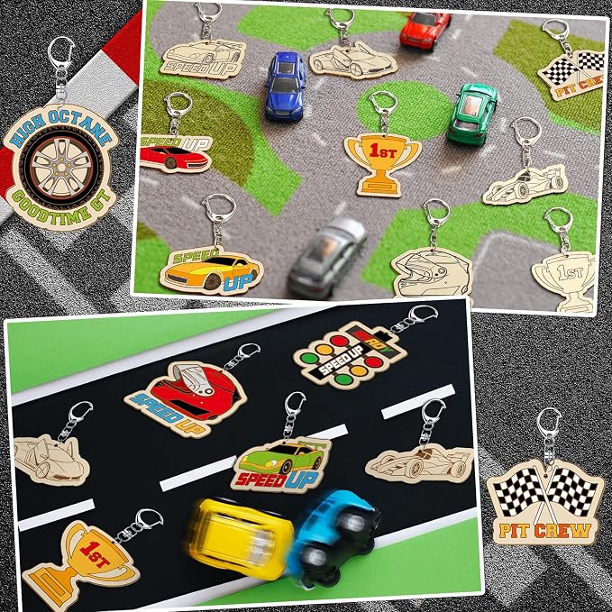 RattanView 24 Pcs Race Car Craft Color Your Own Keychains Diy Craft Wooden