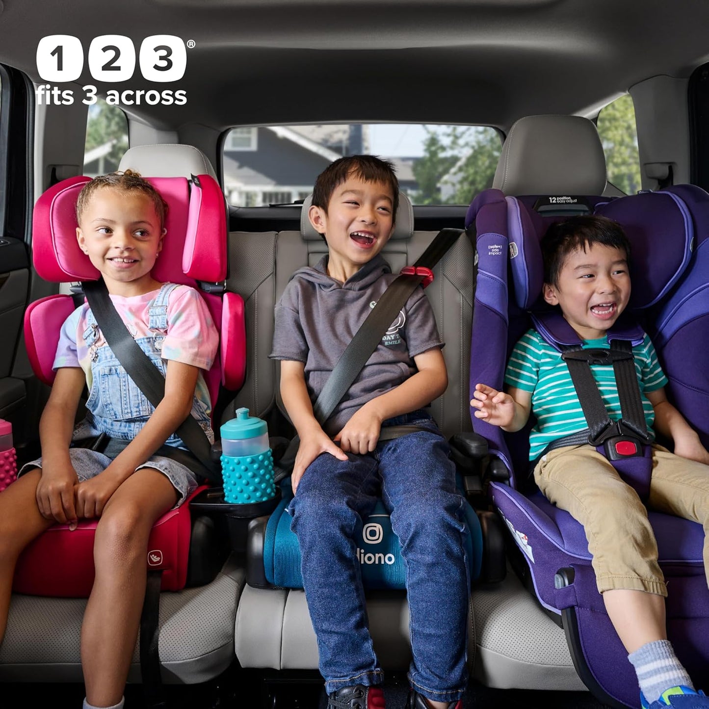 Diono Connect3 R Backless Booster Pack of 2, Slim Fit 3-Across in Many Mid-Sized Sedans and SUVs, for Children from 40-120 lbs., Lightweight with Cupholder, Blue Razz Ice