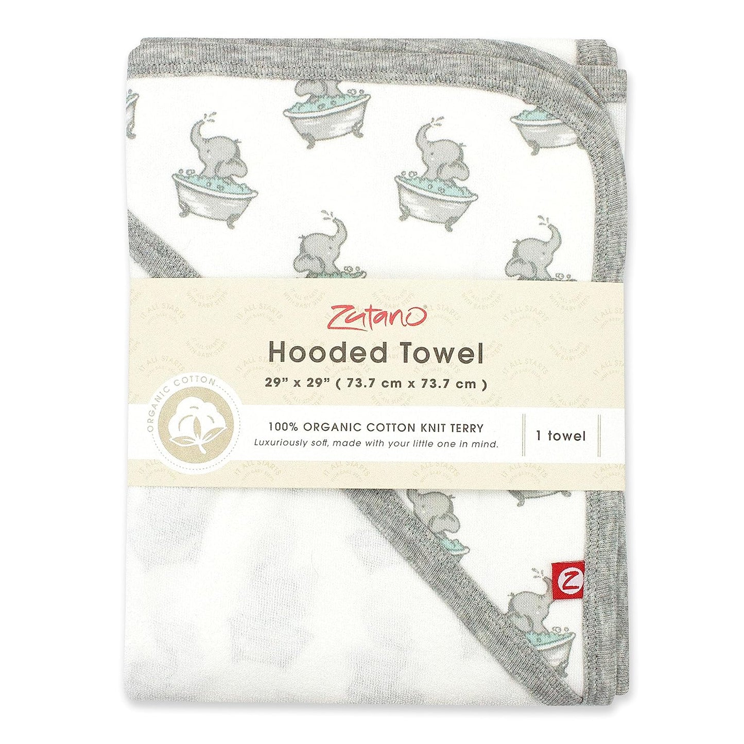 Zutano Hooded Baby Towels, Organic Cotton Baby Bath Towel, Ultra Soft and Absorbent Baby Towel for Newborn and Infant | Girl, Boy, and Unisex Towel Set, Elephant Bath Time, 1-Pack