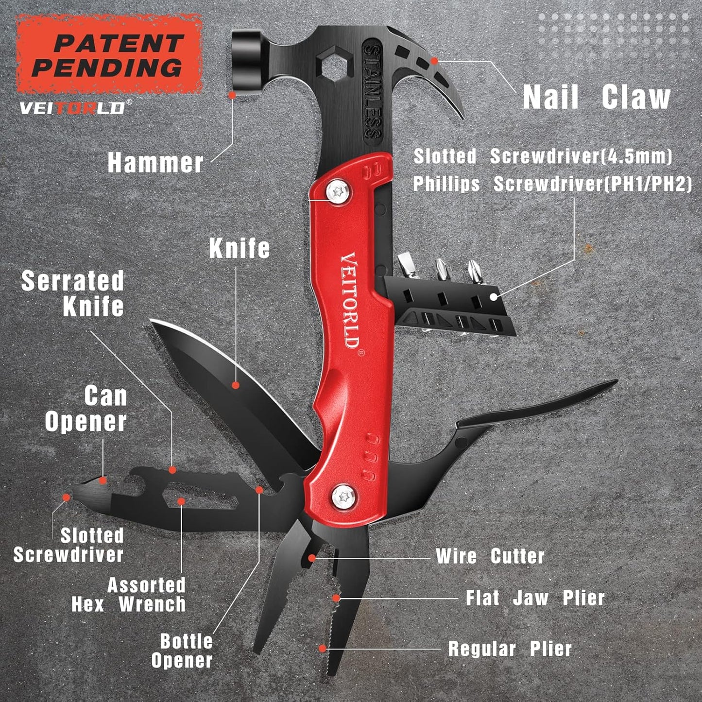 VEITORLD Christmas Stocking Stuffers, Gifts for Men Dad Women, Anniversary Birthday Gifts Ideas for Him Husband, All in One Tools Hammer Multitool, Unique Fishing Hunting Tools Gifts