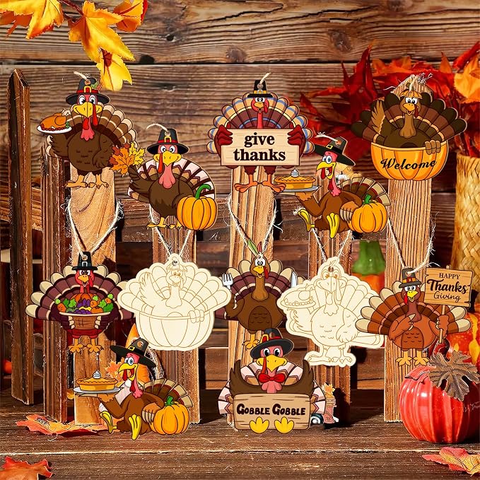 36PCS Wooden Thanksgiving Decoration Turkey Ornaments to Paint Thanksgiving