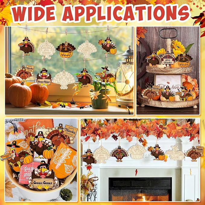 36PCS Wooden Thanksgiving Decoration Turkey Ornaments to Paint Thanksgiving