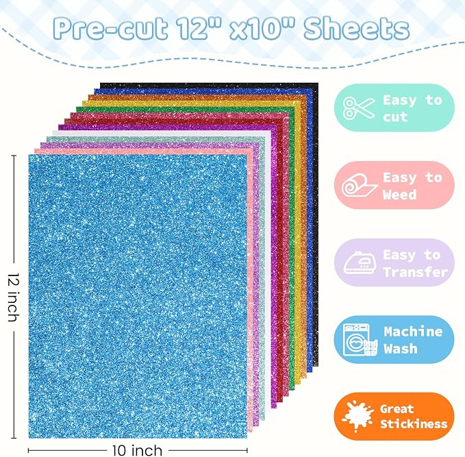 DUEUIOE Glitter Heat Transfer Vinyl 13 Pack 12"x10" Easy Cut & Weed Iron on HTV