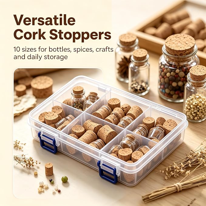 100 Pack Tapered Cork Stoppers, 10 Sizes Assorted Natural Wooden Wine Bottle