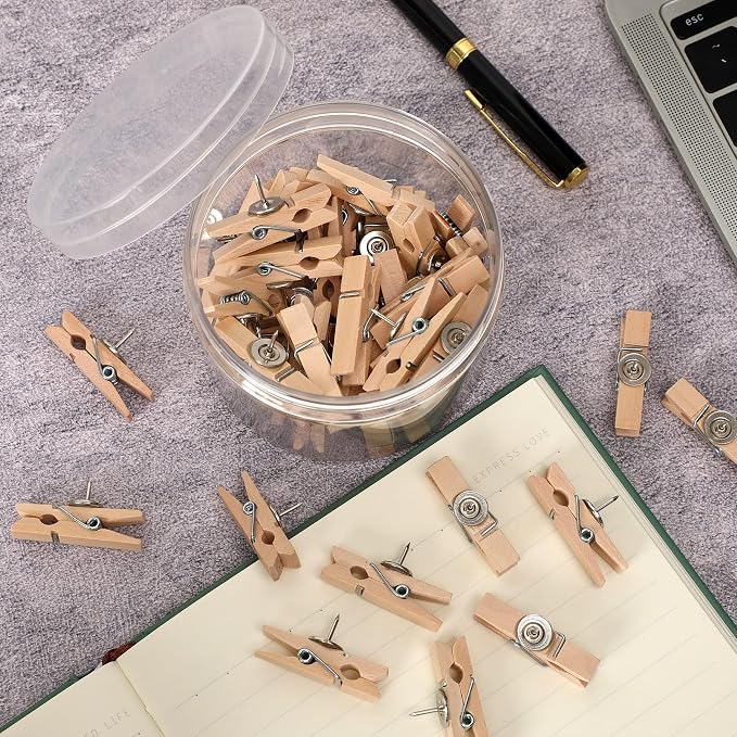 SANNIX 50Pcs Push Pin with Wooden Clips, Push Pins
