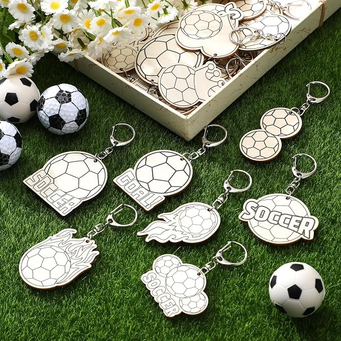 RattanView 24 Pcs Soccer Craft Color Your Own Keychains Diy Craft Wooden Blank